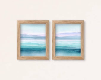 海岸沿いの水彩画ウォールアート 2点セット – 穏やかな海の水平線プリント（デジタルダウンロード）