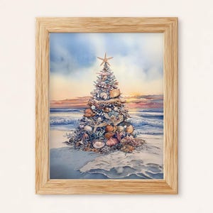 Beach Christmas Tree Watercolor Art: Seashell Holiday Decor (Digital Download)