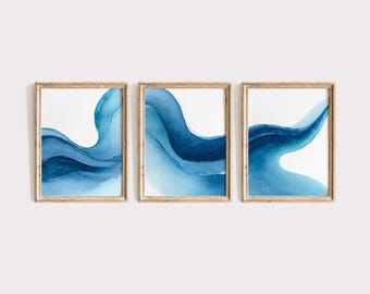 Conjunto de 3 acuarelas abstractas de olas costeras: Arte mural moderno de océano azul (descarga digital)