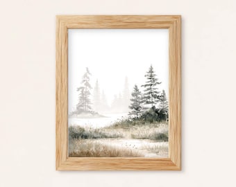 Lámina de acuarela de paisaje de pinos brumosos: Arte mural de lago en bosque neutro (descarga digital)