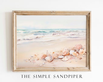Neutral Sea Shells Watercolor Print, Seascape Wall Art, Coastal Instant Prints, Nautical Digital Download, The Simple Sandpiper
