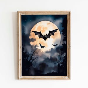 Vintage Bat Watercolor Print: Gothic Halloween Full Moon Art (Digital Download)