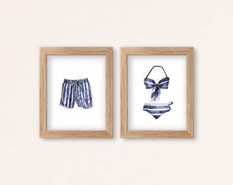 Striped Swimsuit Watercolor Art Print: Navy & White Coastal Decor (Digital Download)
