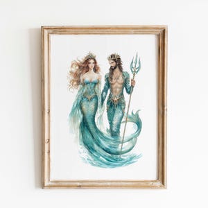 Watercolor Mermaid and King Art Print: Ocean Fantasy Couple (Digital Download)