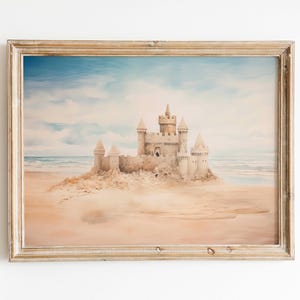 Coastal Sandcastle Art, Serene Seaside Watercolor, Beach House Decor Gift