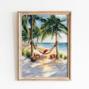 トロピカルクリスマスビーチ水彩画アートプリント（デジタルダウンロード）