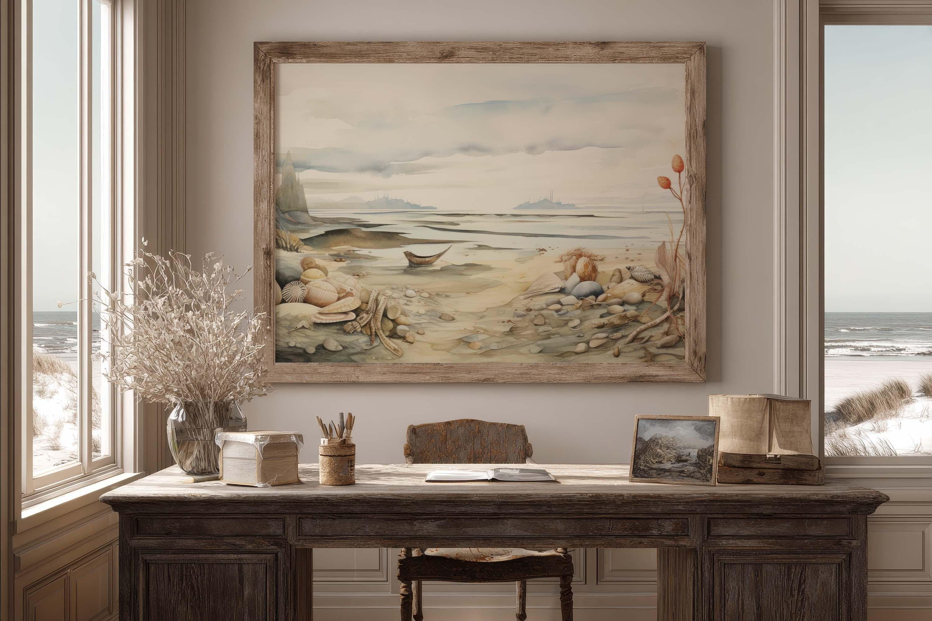 Coastal Harmony カヌー水彩画、静かなビーチの装飾、デジタル