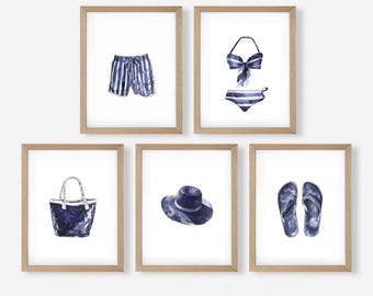 Conjunto de 5 láminas de acuarela con temática playera – Arte mural para galería costera (Descarga digital)