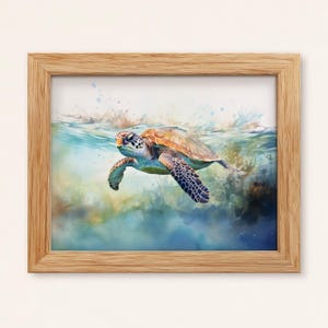 Impresión de acuarela de tortuga marina: Arte mural costero oceánico (descarga digital)