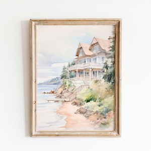 Nautical Digital Download, Coastal Retreat Watercolor, Bluffside House Print, Serene Wall Art Gift
