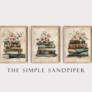 Vintage Book Stack Watercolor Prints: Cottagecore Floral Wall Art (Set of 3) (Digital Download)