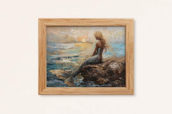 夕日に照らされた人魚の油絵：海岸の幻想的な壁アート（デジタル