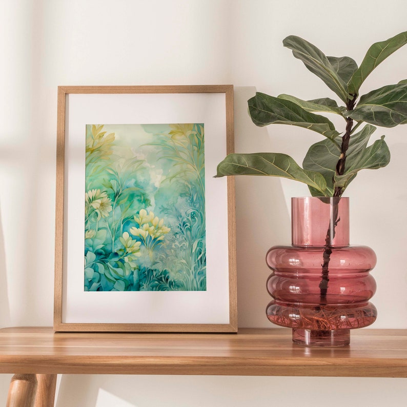 Vintage-inspired watercolor print with delicate foliage and blossoms in tranquil blue, calming green, and soothing beige tones, rendered in muted, dreamy colors, capturing timeless botanical elegance and the tranquil allure of coastal aesthetics.