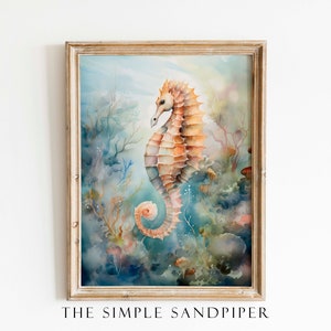 Seahorse Watercolor Print, Wildlife Seascape Wall Art, Coastal Instant Prints, Nautical Digital Download, The Simple Sandpiper