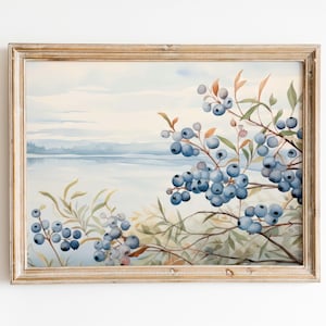 Blueberry Bush Watercolor Print, Coastal Harvest Wall Art, Kitchen Decor, Gift for Nature Lovers
