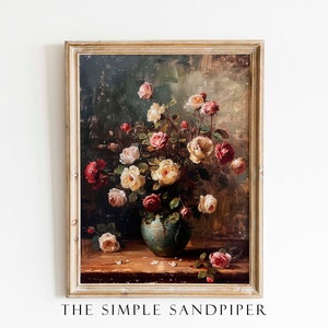 Vintage Roses Vase Oil Painting Art Print: Elegant Floral Home Decor (Digital Download)