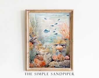 Neutral Coral Reef Watercolor Print, Nautical Sea Life Wall Art, Under the Sea, Instant Print Digital Download, The Simple Sandpiper