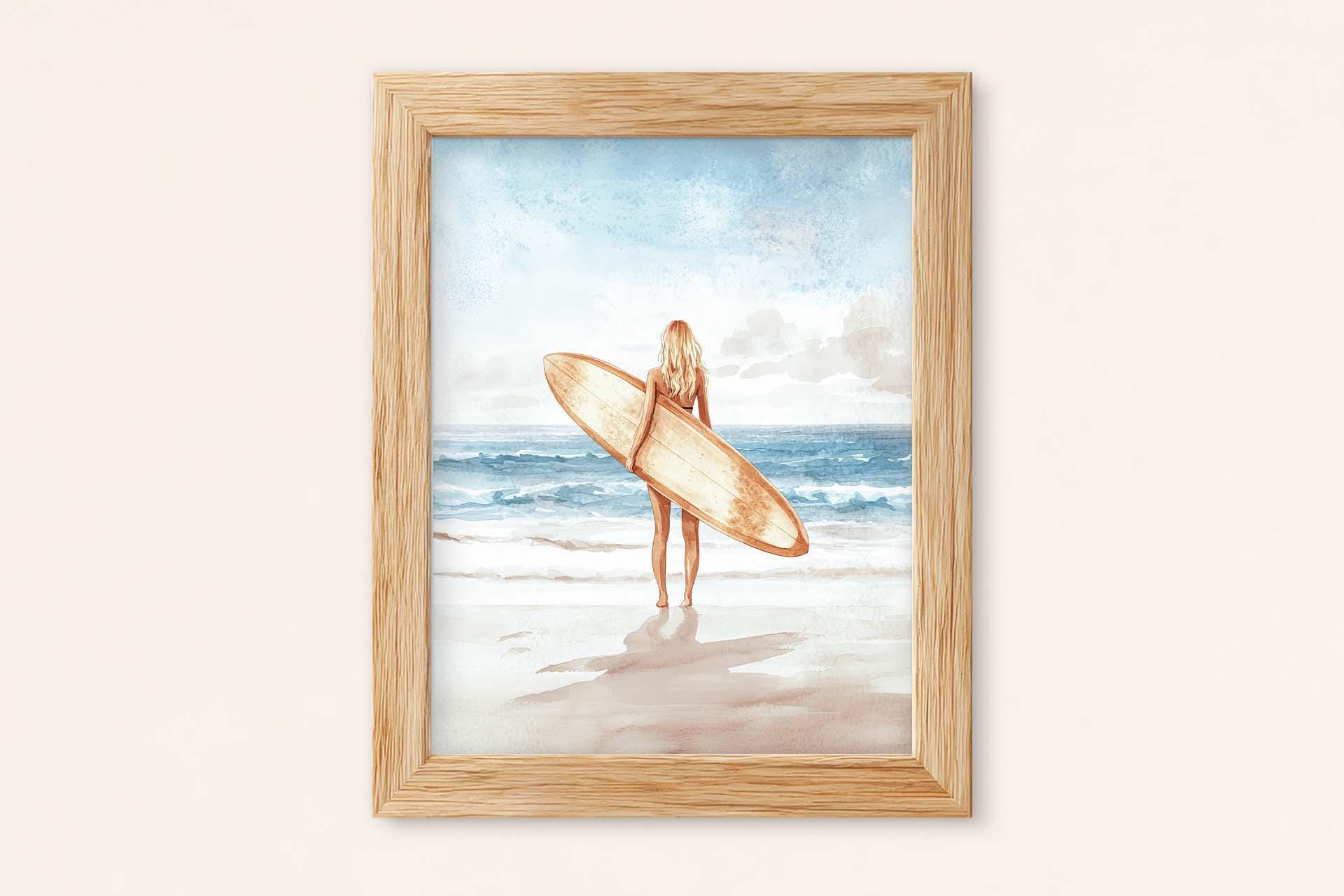 Surfer Girl Beach Wall Art: Coastal Surf Print, Ocean Beach House