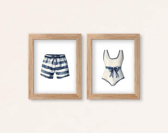 Vintage Swimwear Wall Art Set Of 2: Coastal Bathing Suit Prints (Digital Download)