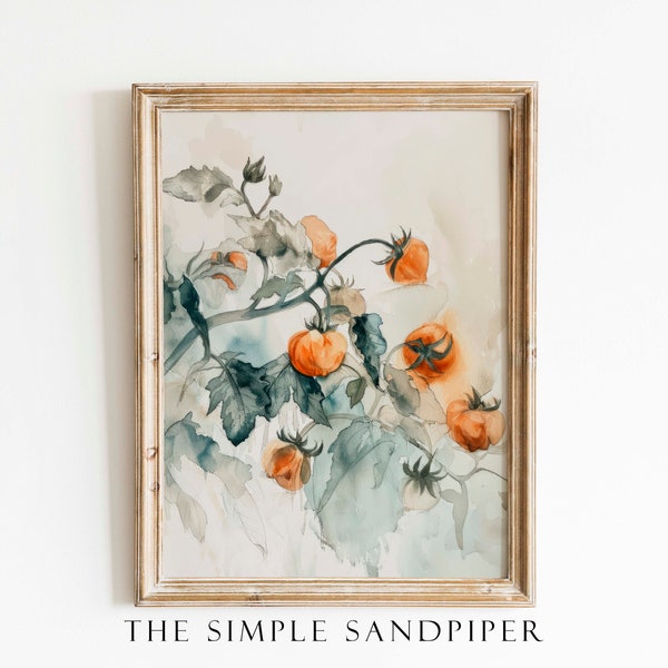 Farmhouse Wall Art: Tomato Vine Watercolor Print, Vintage Vegetable, Digital Download - The Simple Sandpiper