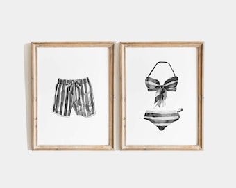 Black & White Swimwear Watercolor Set – Nautical Fashion Wall Art – Chic Coastal Decor – Perfect Gift for Her