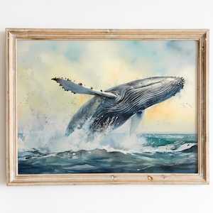 Watercolor Whale Print, Majestic Humpback Breaching Ocean Art, Coastal Wall Decor, Marine Life Gift