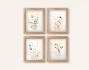 Neutral Wildflower Watercolor Print Set: Minimalist Botanical Art (Digital Download)