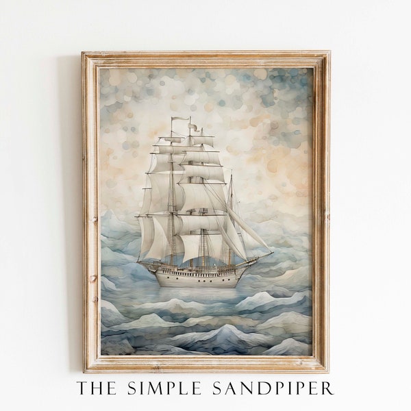 Vintage Tallship Seascape Watercolor Painting Print, Tapestry Waves Wall Art, Digital Art Print, Instant Download