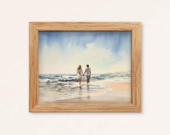 Lámina de acuarela "Amor en el océano", obra de arte de una pareja romántica paseando por la playa (descarga digital).