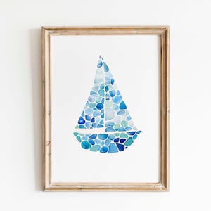 Watercolor Sea Glass Sailboat Print: Minimalist Coastal Wall Art (Digital Download)
