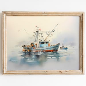 Crab Fishing Boat Watercolor Print: Muted Coastal Art (Digital Download)