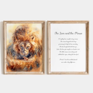 Löwe und Maus Aquarell Kunst, Aesop’s Fable Print Set, Tierfreundschaft, Moral Geschichte Wanddekor, Digitaler Download, Kinderzimmerdeko