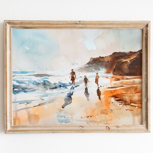 Beach Day Bliss, Family of Three Watercolor Print, Coastal Wall Art, Gift for Family