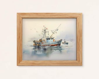 Lámina de acuarela de un barco de pesca de cangrejos: Arte costero en tonos suaves (Descarga digital)