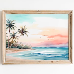 Tropical Beach Watercolor Painting: Palm Trees Seascape (Digital Download)