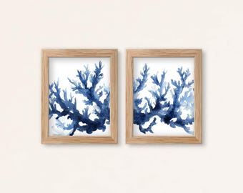 Blue Coral Watercolor Print Set: Coastal Nautical Wall Art (Digital Download)