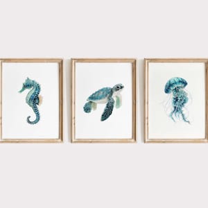 Impresiones de acuarela costera: tortuga marina, medusa y caballito de mar (descarga digital)