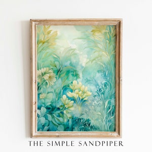 Vintage-inspired watercolor print with delicate foliage and blossoms in tranquil blue, calming green, and soothing beige tones, rendered in muted, dreamy colors, capturing timeless botanical elegance and the tranquil allure of coastal aesthetics.