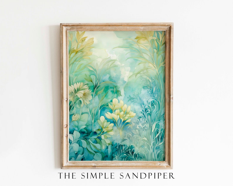 Vintage-inspired watercolor print with delicate foliage and blossoms in tranquil blue, calming green, and soothing beige tones, rendered in muted, dreamy colors, capturing timeless botanical elegance and the tranquil allure of coastal aesthetics.