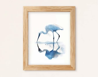 White Crane Watercolor Print: Minimalist Blue Bird Art (Digital Download)