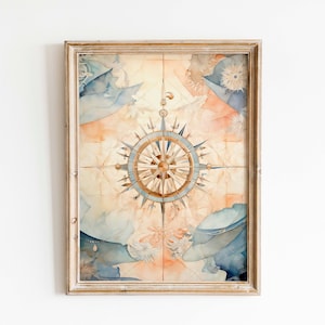 Vintage kompas-aquarelprint: nautische kunst aan de kust (digitale download)