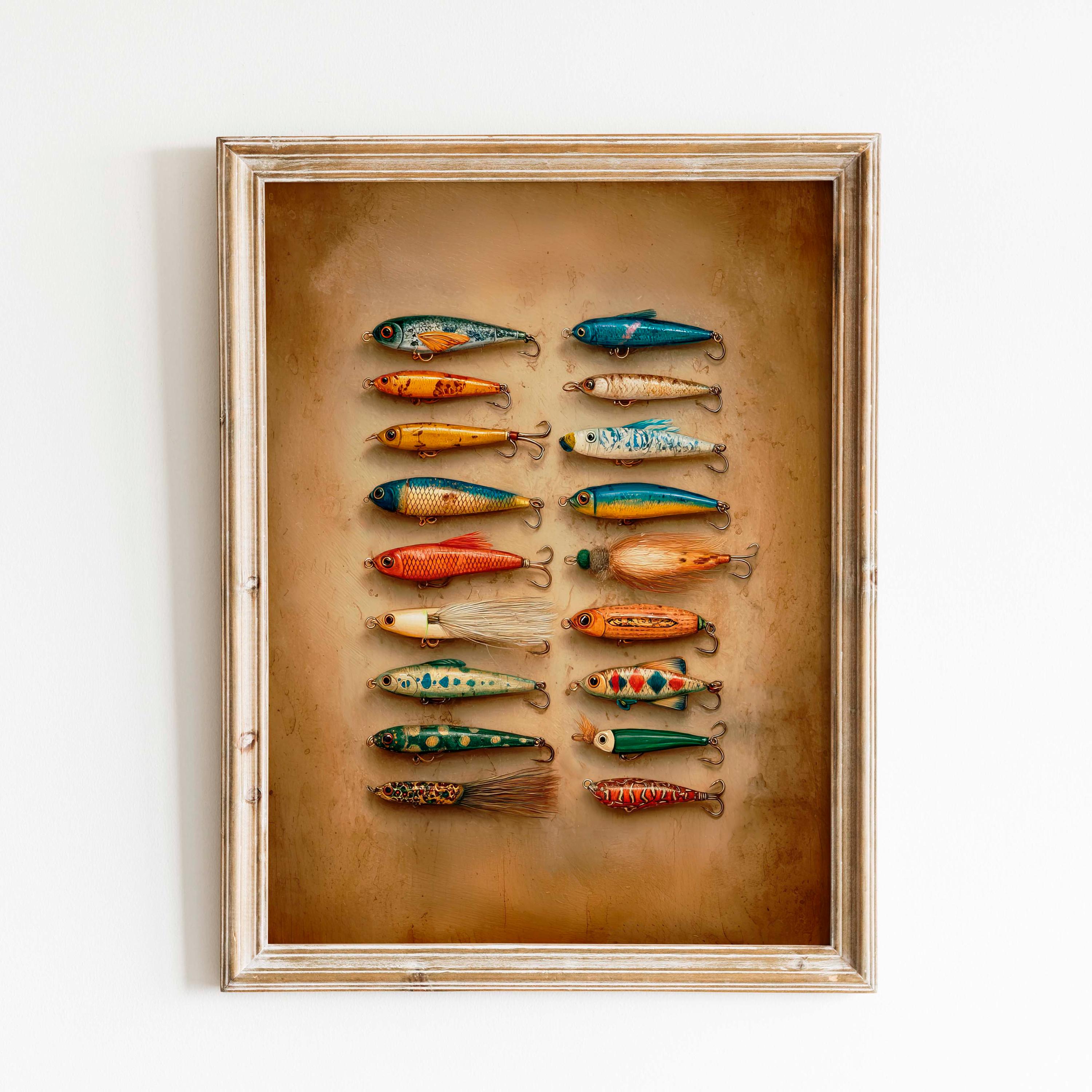 ビンテージフライフィッシングルアー水彩画：素朴なキャビンウォール