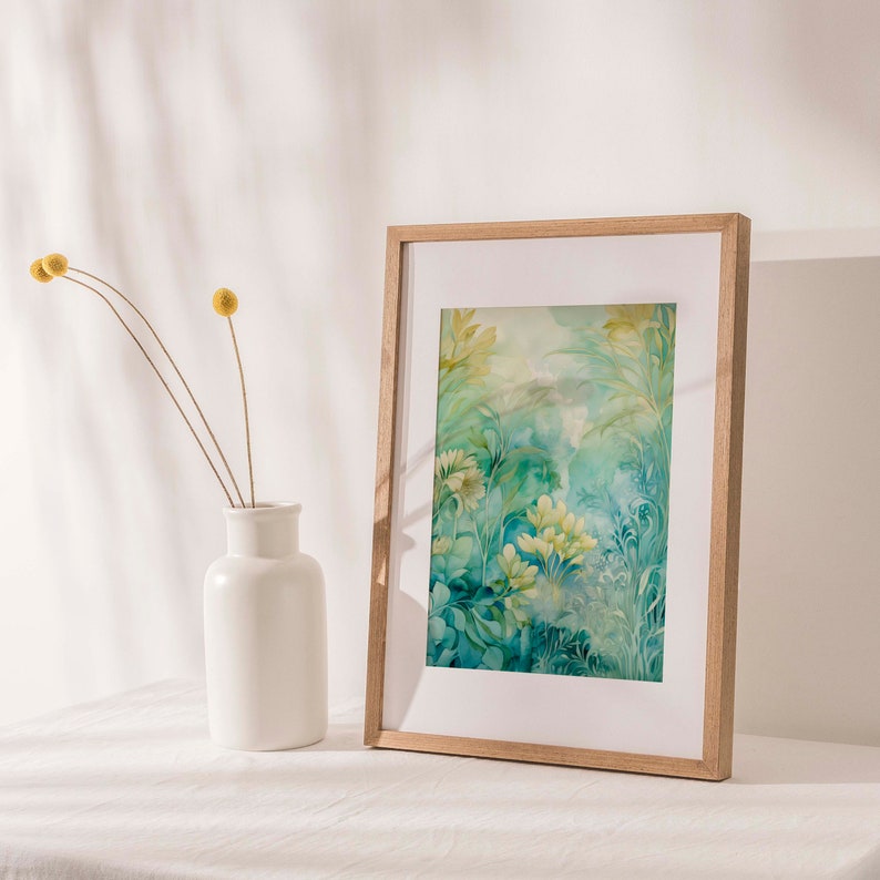 Vintage-inspired watercolor print with delicate foliage and blossoms in tranquil blue, calming green, and soothing beige tones, rendered in muted, dreamy colors, capturing timeless botanical elegance and the tranquil allure of coastal aesthetics.