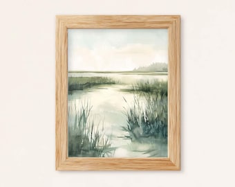 Coastal Marsh Landscape Watercolor Print: Tranquil Nature Wall Art (Digital Download)