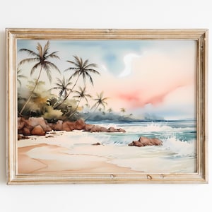Watercolor Beach Palm Print: Coastal Seascape Wall Art (Digital Download)