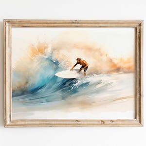 Acquerello di surfista maschio, decorazione costiera &quot;Surfer&#39;s Serenity&quot;, download istantaneo di stampe da surf, regalo