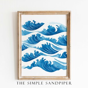 Watercolor Waves Print, Matisse Inspired Ocean Art, Japanese Woodblock Style, Blue Wave Wall Art, Minimalist Seascape, Digital Download