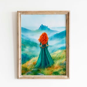 Watercolor Merida Wall Art, Scottish Highlands Digital Download, Emerald Gown Painting, Fantasy Princess Artwork