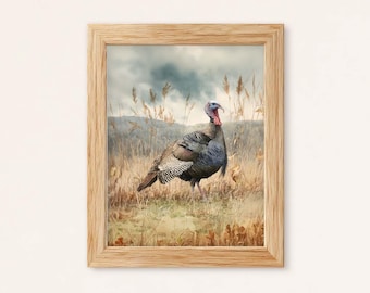 Impressão em aquarela de peru selvagem: decoração realista de fazenda no outono (download digital)
