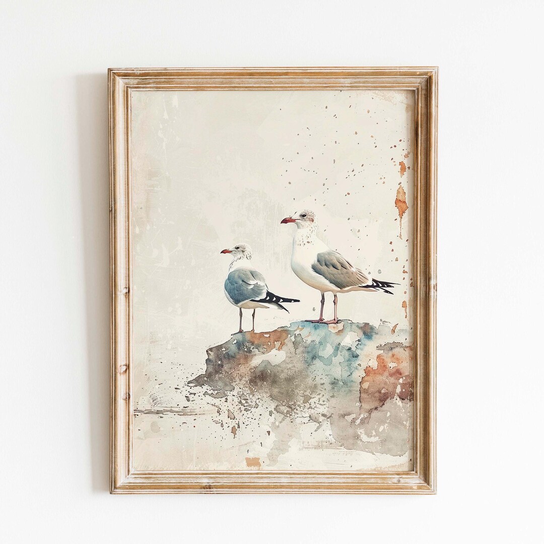Vintage Seagulls Watercolor Print: Coastal Beach Wall Art (digital ...